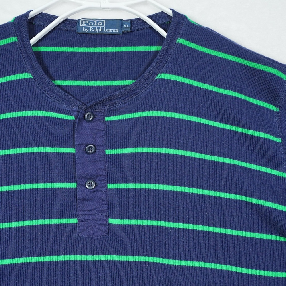 Polo Ralph Lauren Mens Size XL Henley Shirt Navy Blue Green Striped Ribbed Knit